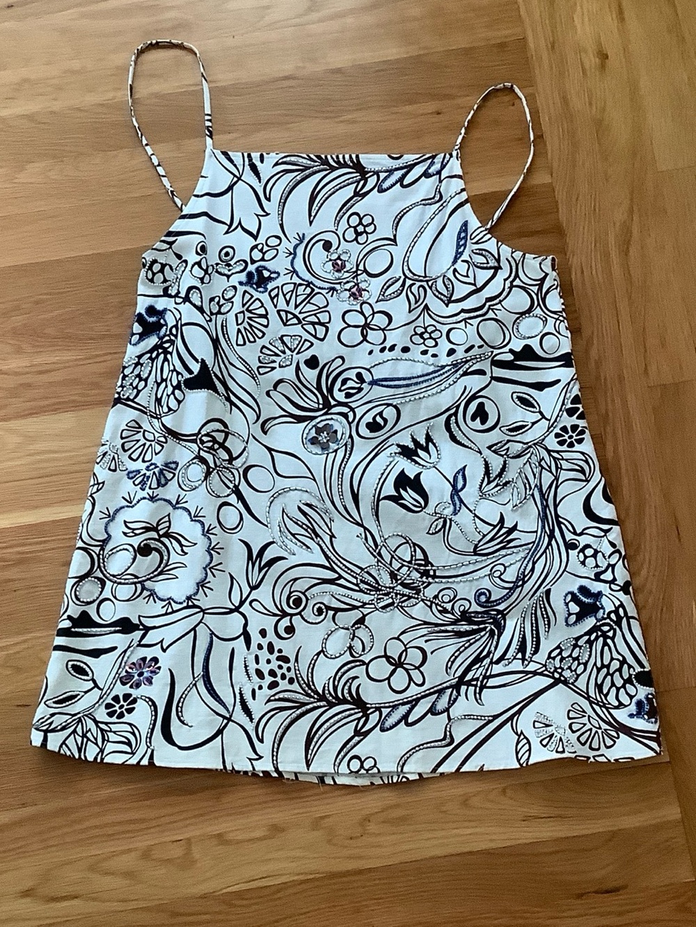 Zara Dress with Brown Floral Scroll, bead Detail